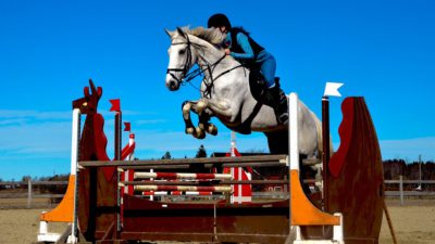 En ryttare på sin häst hoppar över ett högt hinder.