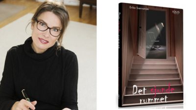 Två ihopsatta bilder. Bilden till vänster är Erika. Hon har en svart tröja med polokrage, långt hår i hästsvans, svarta stora glasögon och läppstift. I handen håller hon en bok och en penna och hon tittar in i kameran. Till höger syns en bild på omslaget till boken. Det är mörkt och mystiskt med en trappa i halvskugga.