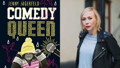 Till vänster är en bild på bokens omslag. Titeln står i stora bokstäver och under sitter en person och drar ner en mössa över ögonen. Det är också flera rosa ritade kaniner på omslaget. Till höger är det en bild på författaren. Hon står framför en lyktstolpe. Hon har en skinnjacka, rött läppstift och halvlångt hår.