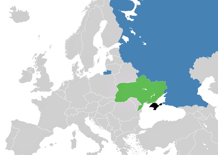 En karta över Ryssland, Ukraina och Krimhalvön. Ryssland är väldigt stort. Nedanför Ryssland ligger Ukraina och längst ner på Ukraina sticker halvön Krim ut.