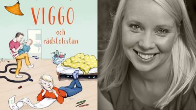 En bild på boken och en bild på författaren. På boken är det en teckning av Viggo som ligger på ett golv och skriver. I bakgrunden syns Viggos pappa som försöker mata Viggos lillebror.