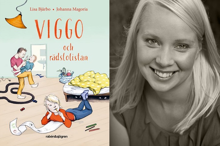 En bild på boken och en bild på författaren. På boken är det en teckning av Viggo som ligger på ett golv och skriver. I bakgrunden syns Viggos pappa som försöker mata Viggos lillebror.