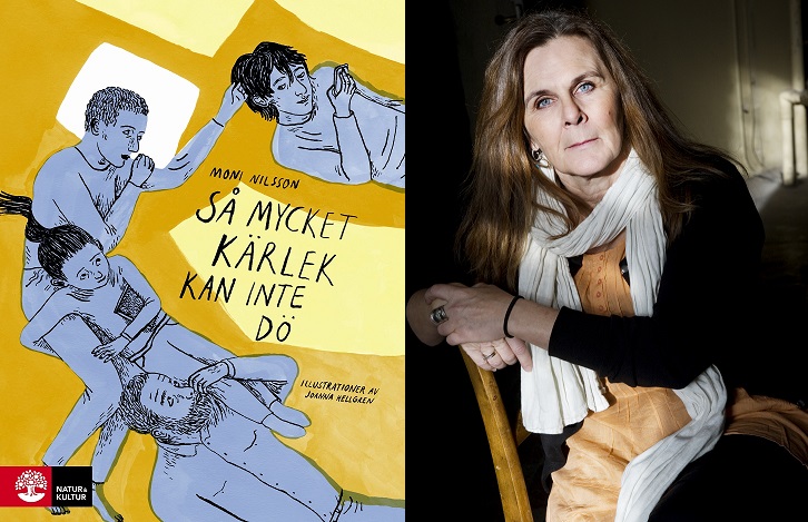 Bokens omslag och en bild på författaren. På omslaget är det flera ritade personer som ligger och håller om varandra. Författaren är ungefär 50 år, har en del rynkor och har långt hår.