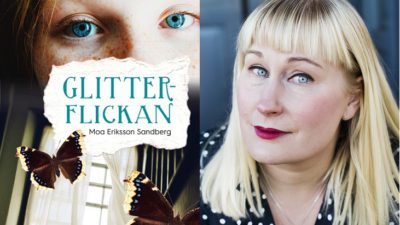 Bokens framsida och bokens författare. På framsidan syns en tjej med väldigt blåa ögon, en mystisk trappa och fjärilar som flyger runt. Författaren är ungefär 40 år med långt hår och lugg. Hin har läppstift och tittar allvarligt in i kameran.