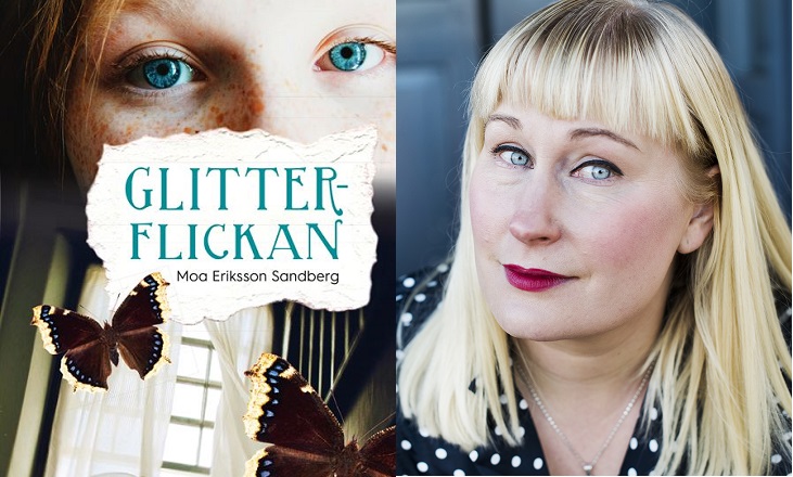 Bokens framsida och bokens författare. På framsidan syns en tjej med väldigt blåa ögon, en mystisk trappa och fjärilar som flyger runt. Författaren är ungefär 40 år med långt hår och lugg. Hin har läppstift och tittar allvarligt in i kameran.